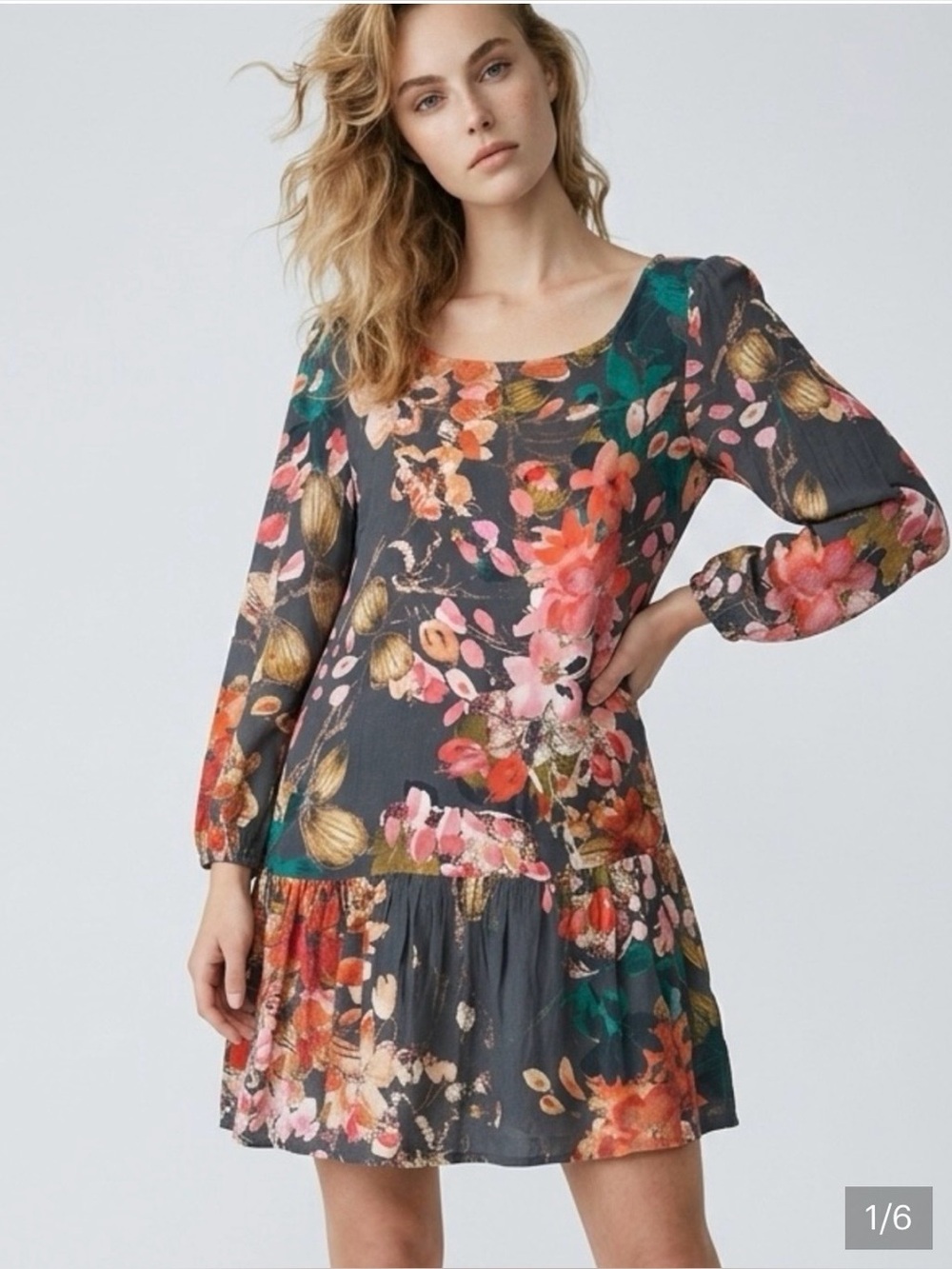 Anthropologie Meadow Rue Tiered Long-Sleeve Dress with side pockets 100% rayon